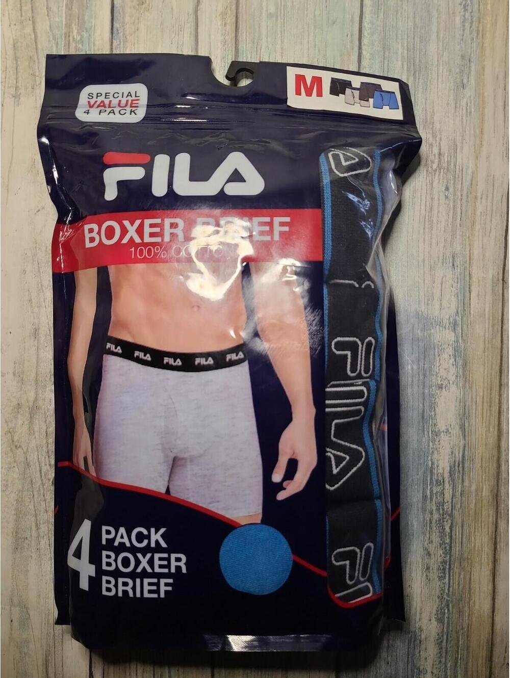 Fila 4 Pack Boxer Briefs Med Men's Boxer Briefs 100% Cotton Black,  Gray, Blue,